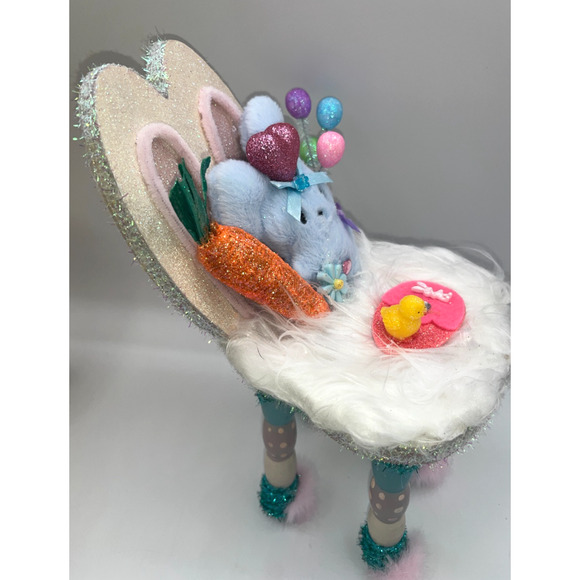Vintage Wooden Easter Bunny Chair Faux Fur Blue Bunny Egg Balloons Deb O. OOAK - Picture 7 of 16